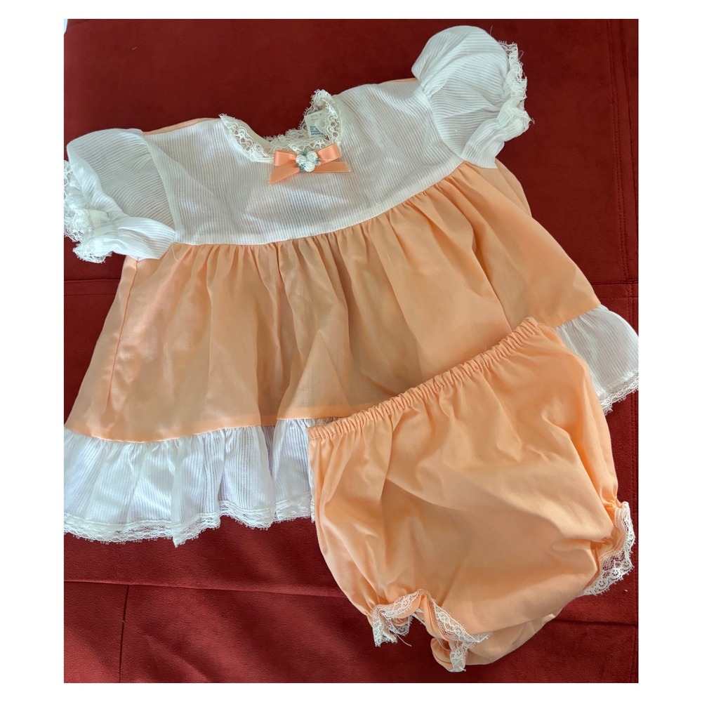 Vtg 80s 12 Mo Baby Girls Peach White Lace Ruffle Dress Diaper Cover Set 2 Piece